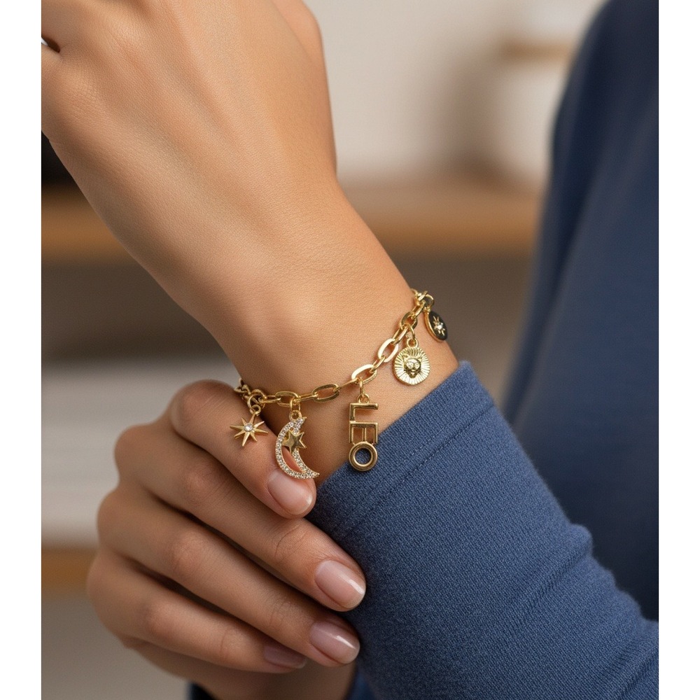 Leo Zodiac Charm Bracelet Gold Tone Celestial Moon Sun Lion Head Unique Designs